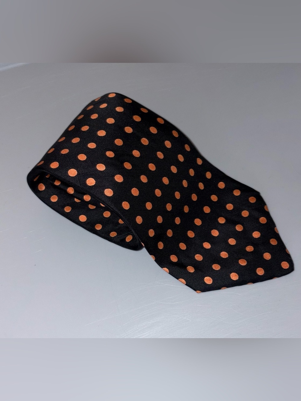 Luxury Saks fifth avenue silk black orange polka dot tie vintage rare find